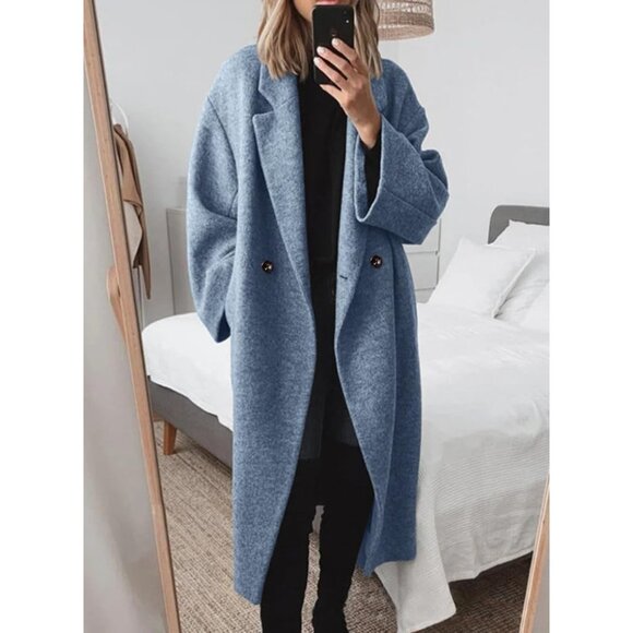 ⚡Women's Blue Winter Double Breasted Wool Coat Long Sleeve Long Trench Coat - Picture 2 of 3